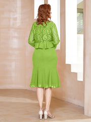 Robe Fourreau en Mousseline Longueur de Mollet à Col en Scoop avec Dentelle Vert Citron