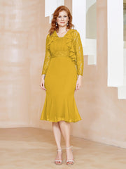 Robe Fourreau en Mousseline Longueur de Mollet à Col en Scoop avec Dentelle Souci Grande Taille