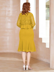 Robe Fourreau en Mousseline Longueur de Mollet à Col en Scoop avec Dentelle Souci Grande Taille