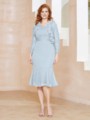 Robe Fourreau en Mousseline Longueur de Mollet à Col en Scoop avec Dentelle Brume