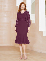 Robe Fourreau en Mousseline Longueur de Mollet à Col en Scoop avec Dentelle Mûre Grande Taille