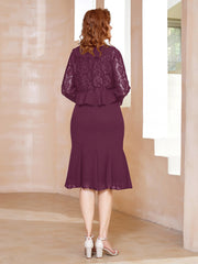 Robe Fourreau en Mousseline Longueur de Mollet à Col en Scoop avec Dentelle Mûre Grande Taille