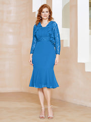 Robe Fourreau en Mousseline Longueur de Mollet à Col en Scoop avec Dentelle Bleu Océan Grande Taille