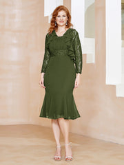Robe Fourreau en Mousseline Longueur de Mollet à Col en Scoop avec Dentelle Olive Verte Grande Taille
