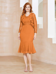 Robe Fourreau en Mousseline Longueur de Mollet à Col en Scoop avec Dentelle Orange Grande Taille