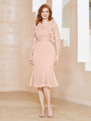 Robe Fourreau en Mousseline Longueur de Mollet à Col en Scoop avec Dentelle Rose Perle Grande Taille