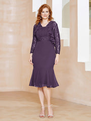 Robe Fourreau en Mousseline Longueur de Mollet à Col en Scoop avec Dentelle Plum Grande Taille
