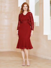 Robe Fourreau en Mousseline Longueur de Mollet à Col en Scoop avec Dentelle Rouge Grande Taille