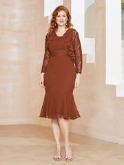 Robe Fourreau en Mousseline Longueur de Mollet à Col en Scoop avec Dentelle Rouille
