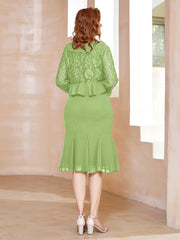 Robe Fourreau en Mousseline Longueur de Mollet à Col en Scoop avec Dentelle Sauge Grande Taille
