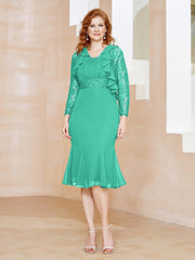 Robe Fourreau en Mousseline Longueur de Mollet à Col en Scoop avec Dentelle Spa Grande Taille