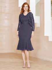 Robe Fourreau en Mousseline Longueur de Mollet à Col en Scoop avec Dentelle Orageux Grande Taille