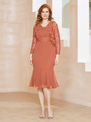Robe Fourreau en Mousseline Longueur de Mollet à Col en Scoop avec Dentelle Crépuscule Grande Taille
