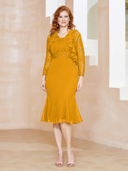 Robe Fourreau en Mousseline Longueur de Mollet à Col en Scoop avec Dentelle Mandarine Grande Taille