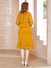 Robe Fourreau en Mousseline Longueur de Mollet à Col en Scoop avec Dentelle Mandarine Grande Taille