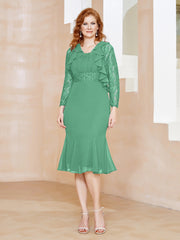 Robe Fourreau en Mousseline Longueur de Mollet à Col en Scoop avec Dentelle Turquoise Grande Taille