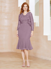 Robe Fourreau en Mousseline Longueur de Mollet à Col en Scoop avec Dentelle Vintage Mauve
