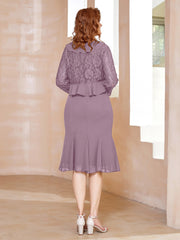 Robe Fourreau en Mousseline Longueur de Mollet à Col en Scoop avec Dentelle Vintage Mauve
