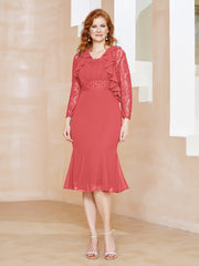 Robe Fourreau en Mousseline Longueur de Mollet à Col en Scoop avec Dentelle Pastèque Grande Taille