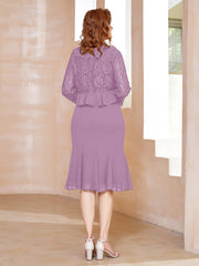 Robe Fourreau en Mousseline Longueur de Mollet à Col en Scoop avec Dentelle Glycine