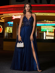 Robe en Tulle Longueur au Sol à Col en V Plongeant Bleu Marine