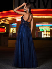 Robe en Tulle Longueur au Sol à Col en V Plongeant Gris Acier