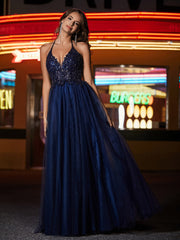 Robe en Tulle Longueur au Sol à Col en V Plongeant Bleu Marine
