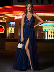 Robe en Tulle Longueur au Sol à Col en V Plongeant Gris Acier
