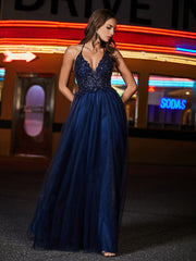 Robe en Tulle Longueur au Sol à Col en V Plongeant Gris Acier
