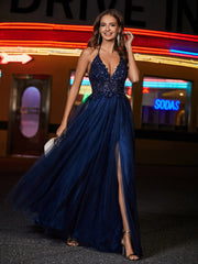 Robe en Tulle Longueur au Sol à Col en V Plongeant Bleu Marine Grande Taille