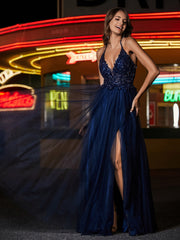 Robe en Tulle Longueur au Sol à Col en V Plongeant Bleu Marine