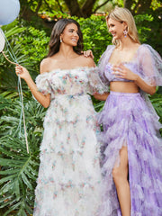 Robe en Deux Pièces Tulle à Volants Florals avec Fente Ivoire