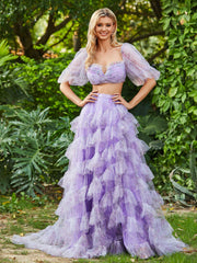 Robe en Deux Pièces Tulle à Volants Florals avec Fente Ivoire