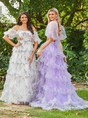 Robe en Deux Pièces Tulle à Volants Florals avec Fente Ivoire