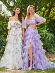 Robe en Deux Pièces Tulle à Volants Florals avec Fente Ivoire