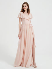 Mancherons Longue Mousseline Robes Avec Fente Rose Perle