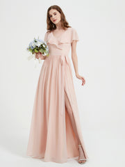 Mancherons Longue Mousseline Robes Avec Fente Rose Perle