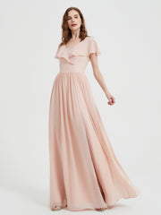 Mancherons Longue Mousseline Robes Avec Fente Rose Perle