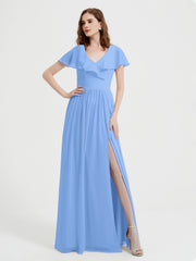 Mancherons Longue Mousseline Robes Avec Fente Bleu