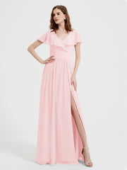 Mancherons Longue Mousseline Robes Avec Fente Rose Pâle