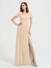 Mancherons Longue Mousseline Robes Avec Fente Champagne