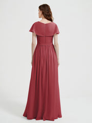 Mancherons Longue Mousseline Robes Avec Fente Cannelle Rose Grande Taille