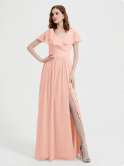 Mancherons Longue Mousseline Robes Avec Fente Corail