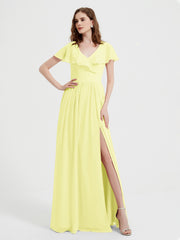 Mancherons Longue Mousseline Robes Avec Fente Jonquille