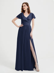 Mancherons Longue Mousseline Robes Avec Fente Bleu Marine