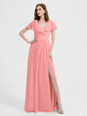 Mancherons Longue Mousseline Robes Avec Fente Flamant