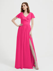 Mancherons Longue Mousseline Robes Avec Fente Fuchsia