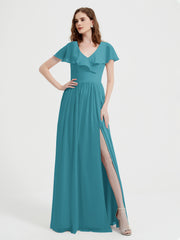 Mancherons Longue Mousseline Robes Avec Fente Jade