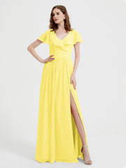 Mancherons Longue Mousseline Robes Avec Fente Citron