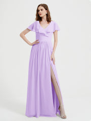 Mancherons Longue Mousseline Robes Avec Fente Lilas
